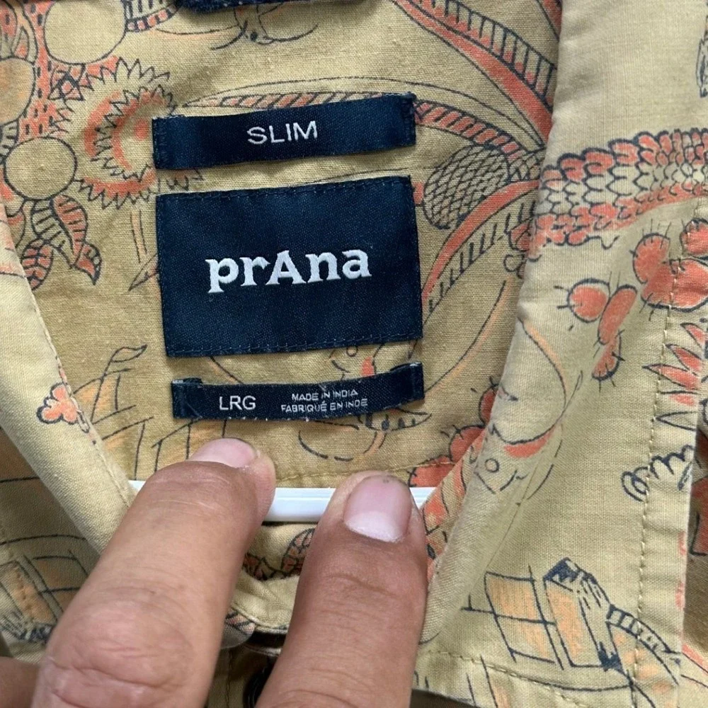 Prana Mens Slim Fit Short Sleeve Button Down Shirt Tan Palm Tree Print Large